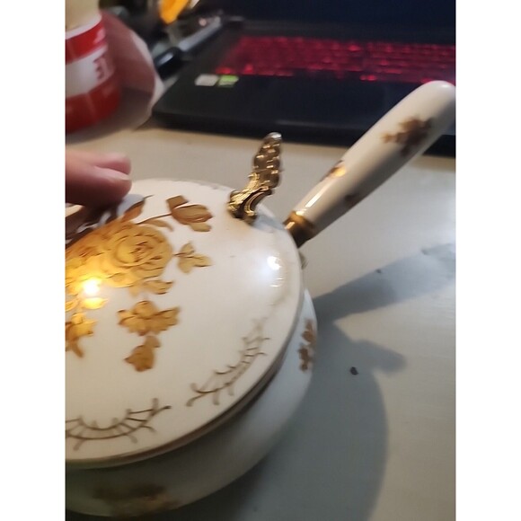 Vintage Porcelain Lidded Serving Pot Handle Gold Gilt Floral Brass Trim Elegant - Picture 6 of 15